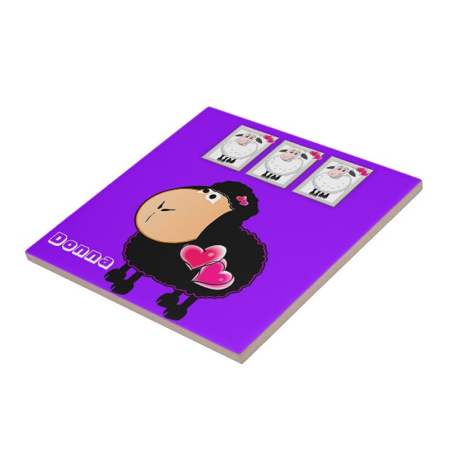 Azulejo Oveja De Tile Cerámico, Corazón Rosa, Púrpura (Lado)