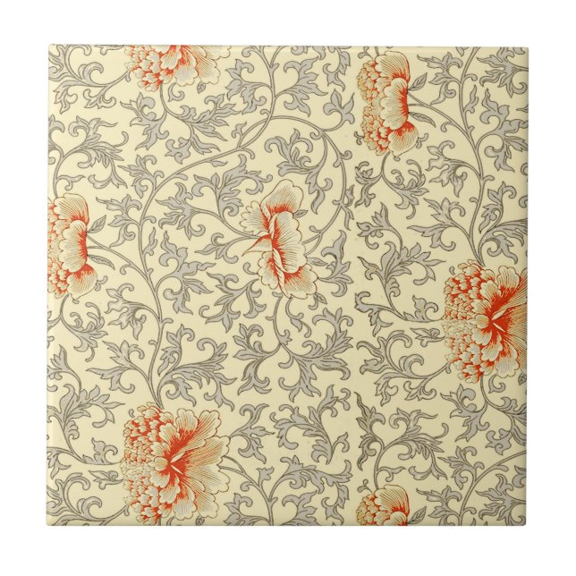 Azulejo Owen Jones Patrón Antiguo: Coral Floral Gris (Frente)
