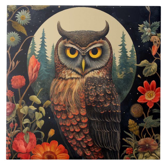 Azulejo Owl at Night with a Full Moon (Frente)
