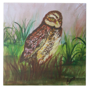 Azulejo Owl in nature watercolor art