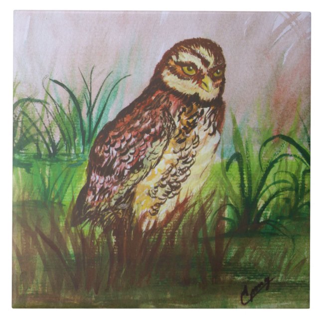 Azulejo Owl in nature watercolor art (Frente)