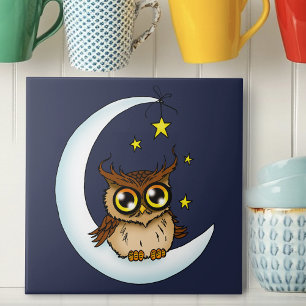 Azulejo Owl Moon Blue Cute Stars