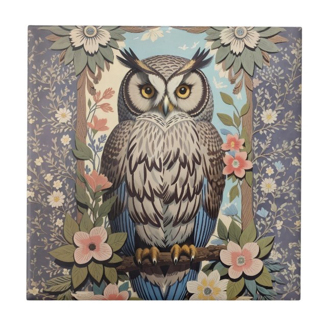 Azulejo Owl Pastel Floral William Morris Inspirado (Frente)