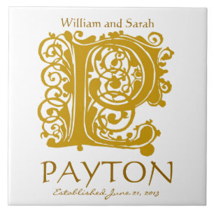 Azulejo P Monograma dorado sobre blanco - Nombres Boda de 