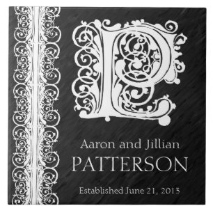 Azulejo P Monograma "Lazo blanco sobre negro" Boda Tile