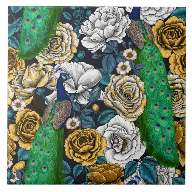 Azulejo Pacocas en el jardín rosa 3 (Frente)