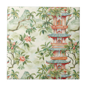 Azulejo Pagoda asiática acuarela en paisaje verde (1)