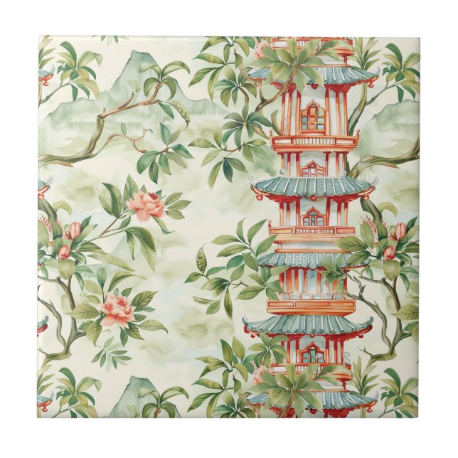 Azulejo Pagoda asiática acuarela en paisaje verde (1) (Frente)