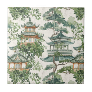 Azulejo Pagoda asiática acuarela en paisaje verde (10)