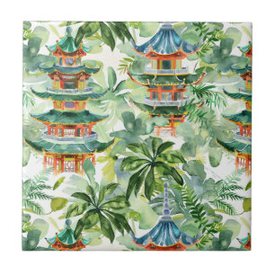 Azulejo Pagoda asiática acuarela en paisaje verde (11)