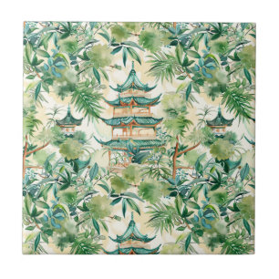 Azulejo Pagoda asiática acuarela en paisaje verde (12)