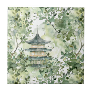 Azulejo Pagoda asiática acuarela en paisaje verde (13)
