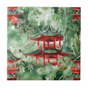 Azulejo Pagoda asiática acuarela en paisaje verde (14)