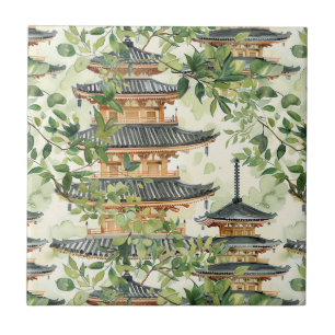 Azulejo Pagoda asiática acuarela en paisaje verde (16)