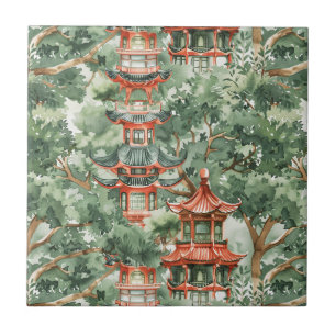 Azulejo Pagoda asiática acuarela en paisaje verde (17)