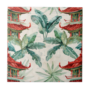 Azulejo Pagoda asiática acuarela en paisaje verde (2)