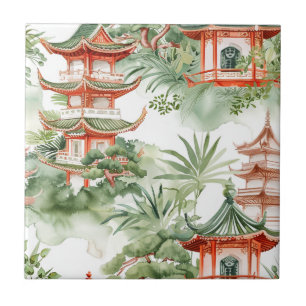 Azulejo Pagoda asiática acuarela en paisaje verde (3)