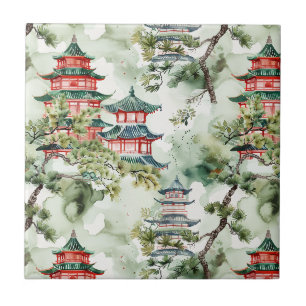Azulejo Pagoda asiática acuarela en paisaje verde (4)