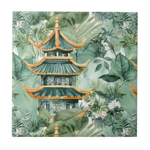 Azulejo Pagoda asiática acuarela en paisaje verde (6)