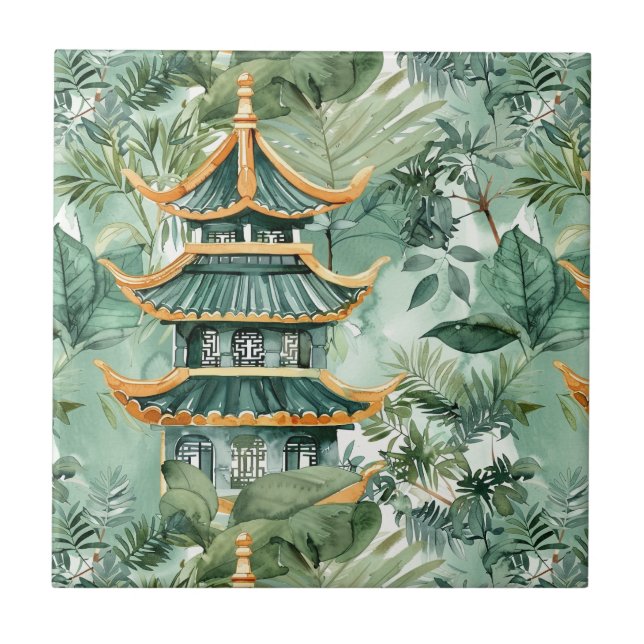 Azulejo Pagoda asiática acuarela en paisaje verde (6) (Frente)