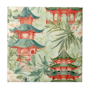 Azulejo Pagoda asiática acuarela en paisaje verde (8)