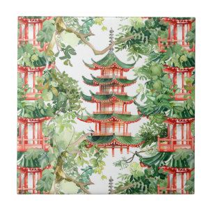 Azulejo Pagoda asiática acuarela en paisaje verde (9)