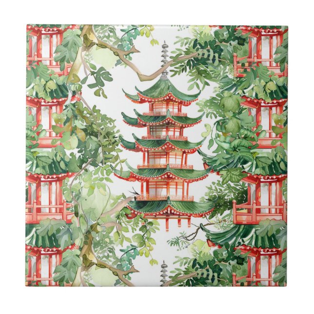 Azulejo Pagoda asiática acuarela en paisaje verde (9) (Frente)