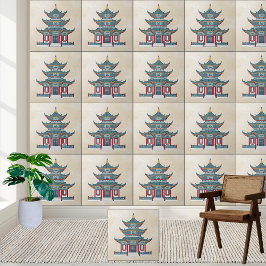 Azulejo Pagoda china azul y roja Chinoiserie Templo Art