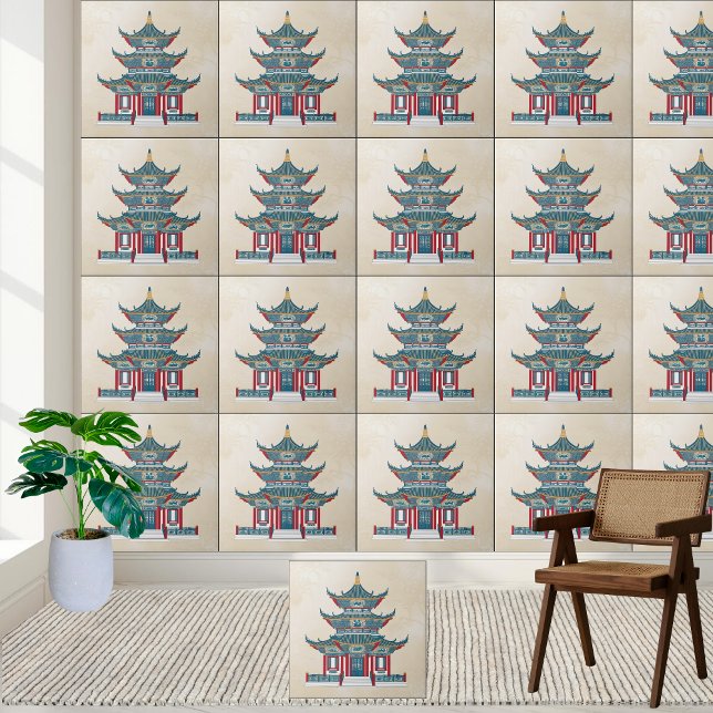 Azulejo Pagoda china azul y roja Chinoiserie Templo Art (Blue and Red Chinese Pagoda Chinoiserie Temple Art Ceramic Tile)