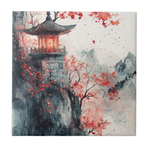 Azulejo Pagoda de Sakura Carmesí Acuarela