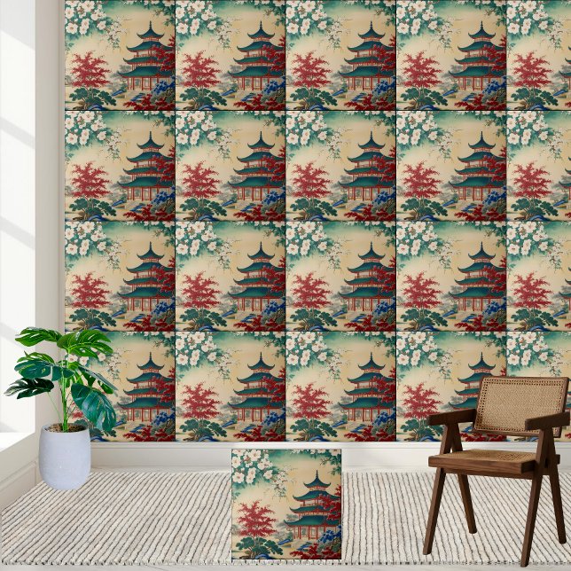 Azulejo Pagoda Garden Chinoiserie Tile inspirada en Asia O (East Asian Inspired Pagoda Garden Chinoiserie Tile)