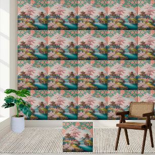 Azulejo Pagoda japonesa & Cherry Blossom Chinoiserie Tile