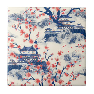 Azulejo Pagoda Japonesa Flor de Cerezo Crema Azul