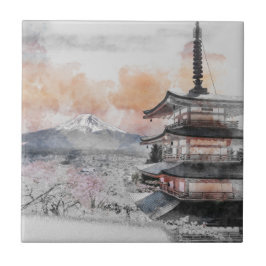 Azulejo Pagoda Japonesa & Fuji en Acuarela