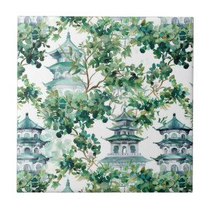 Azulejo Pagodas Acuarela Bosque Olivo Paisaje Asiático