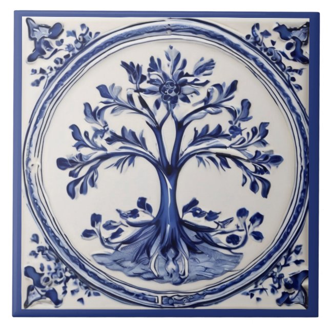 Azulejo País natural Rústico de árbol azul y blanco (Frente)