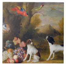 Paisaje con aves exóticas y dos perros