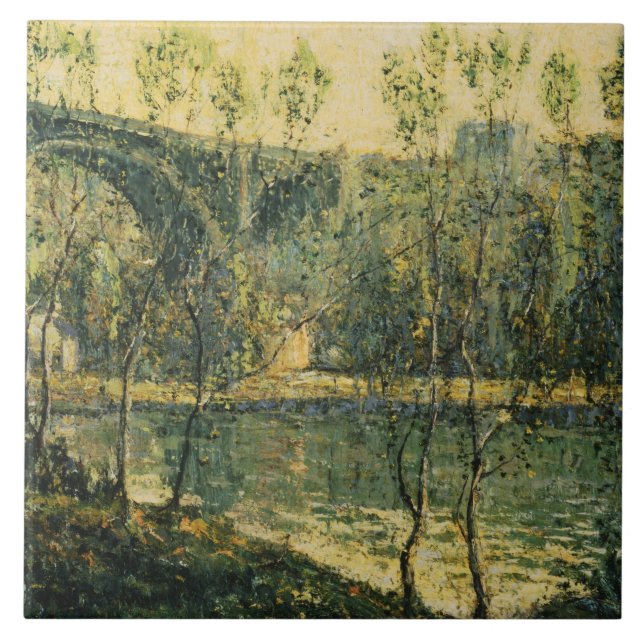 Azulejo Paisaje con río y puente: primavera por la mañana (Frente)