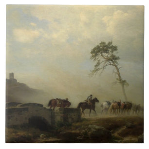 Azulejo Paisaje con ruinas de castillo y paseos a caballo