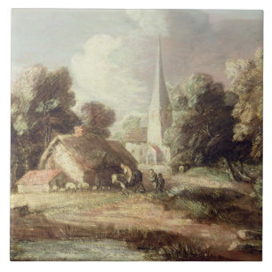 Azulejo Paisaje con una iglesia, cabaña, aldeanos y