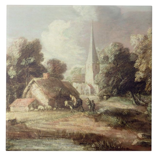 Azulejo Paisaje con una iglesia, cabaña, aldeanos y (Frente)