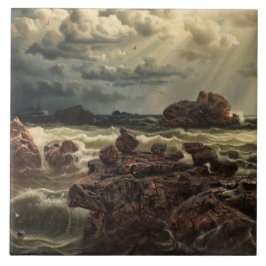 Azulejo Paisaje costero con buques en el horizonte