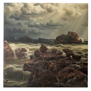 Azulejo Paisaje costero con buques en el horizonte