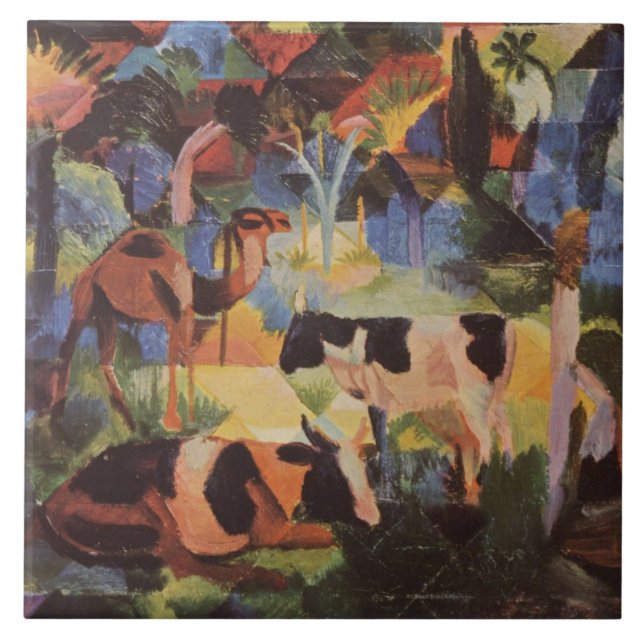 Azulejo Paisaje de agosto de Macke con vacas y camello (Frente)