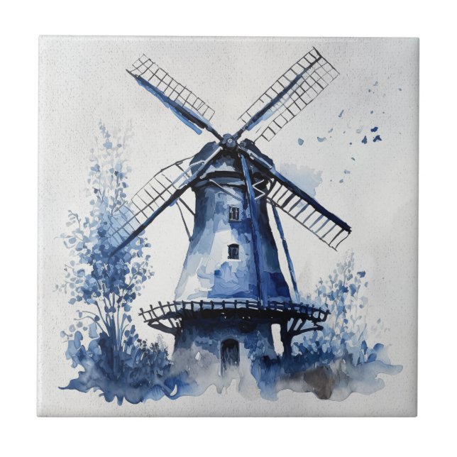 Azulejo Paisaje de estilo Delft azul y blanco con molino d (Frente)