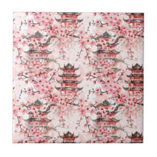Azulejo Paisaje de flor de cerezo de pagoda china pastel