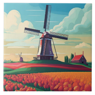 Azulejo Paisaje de Holanda Molino de Viento Campo de Tulip