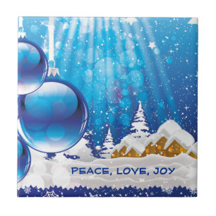Azulejo Paisaje de invierno azul y bolas de Navidad person
