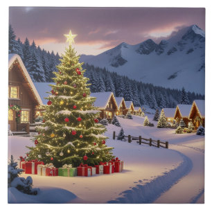 Azulejo paisaje de luces de Navidad con nieve