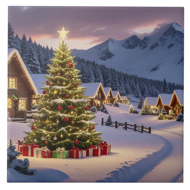 Azulejo paisaje de luces de Navidad con nieve (Frente)